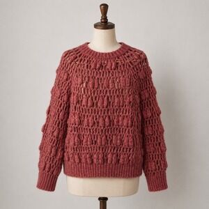 AMO Pink Baby Alpaca Jane Merino Wool Bobble Open Knit Sweater Womens XS Peru